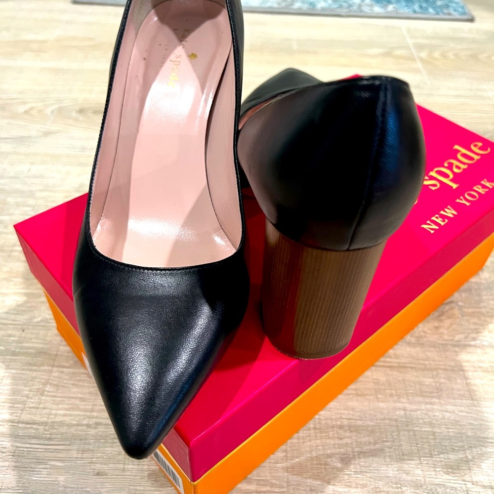 Auth Kate Spade Julissa Heels Shoes Pumps Black Leather Brown Wood Heel Size 8